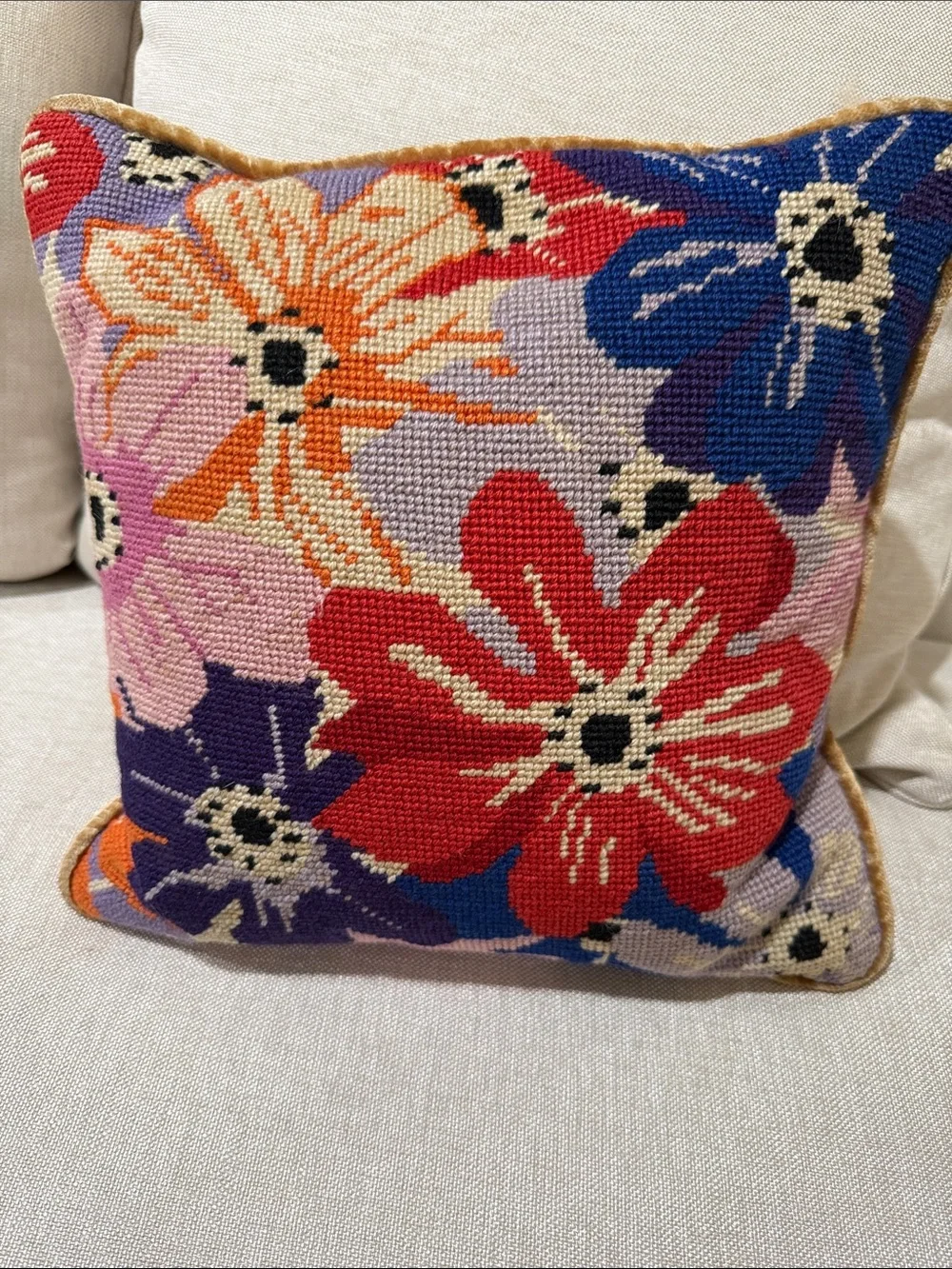 Floral Needlepoint Throw Pillow hand made stitch in Red, Blue & Orange vintage